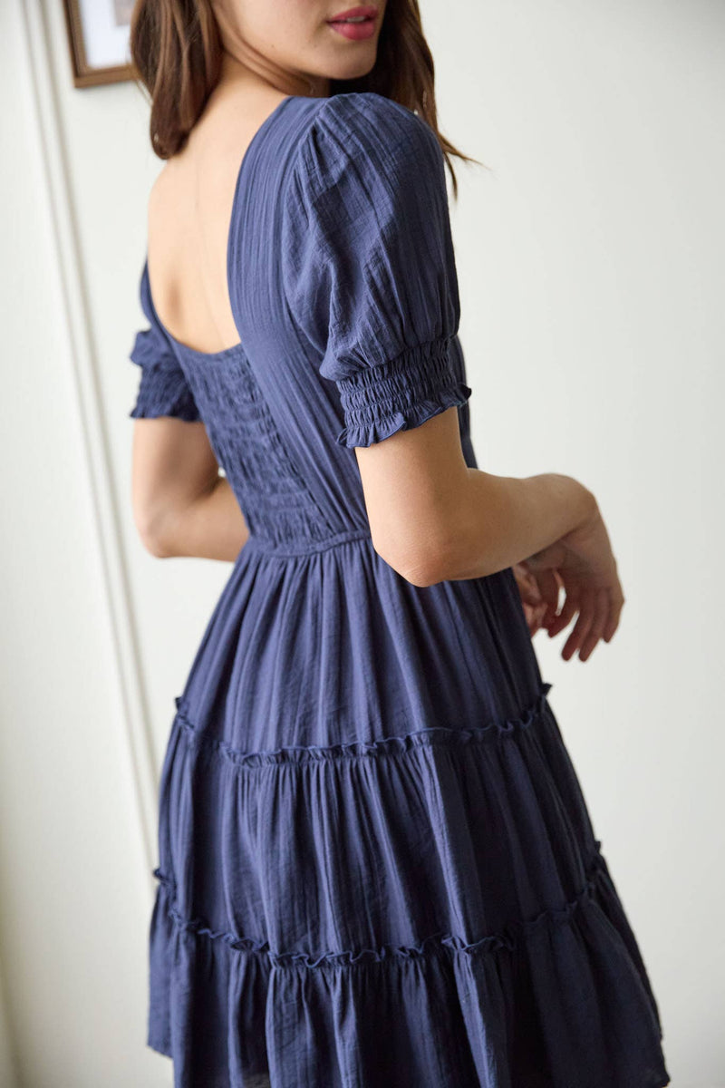 Square Neck Smocked Detail Tiered Mini Dress | Navy