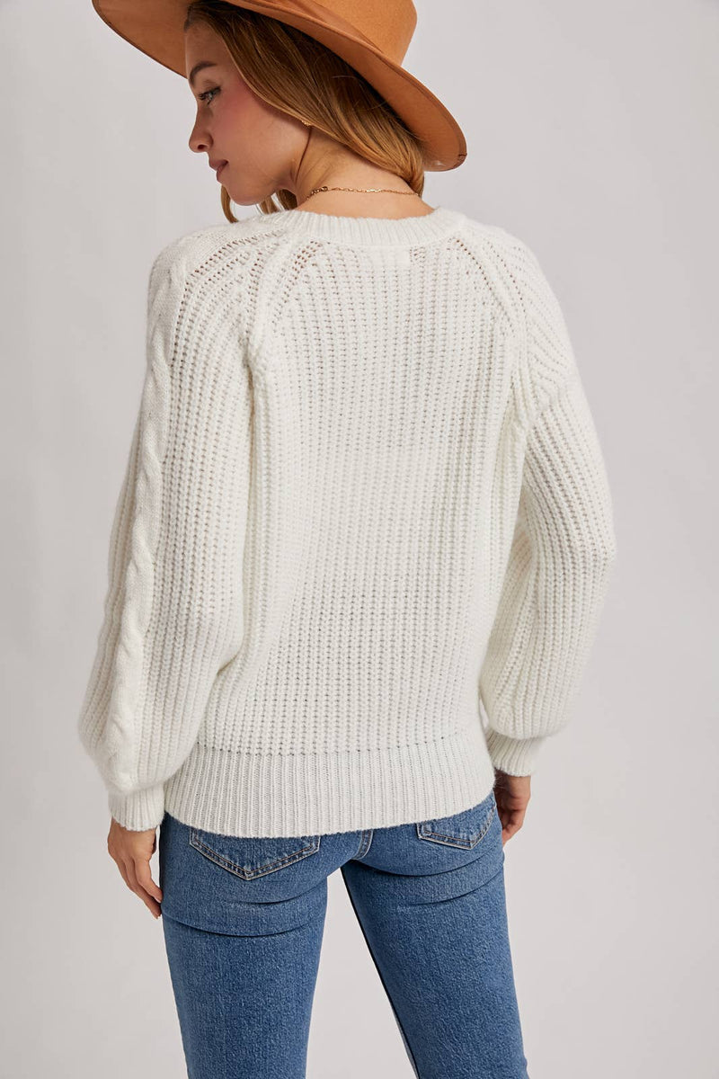 Split Neck Cable Sweater Pullover | Mocha
