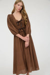 Velvet Bow Tie Long Sleeve Midi Dress | Brown