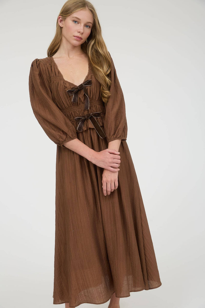 Velvet Bow Tie Long Sleeve Midi Dress | Brown
