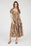 Textured Floral Sweetheart Neck Midi | Khaki