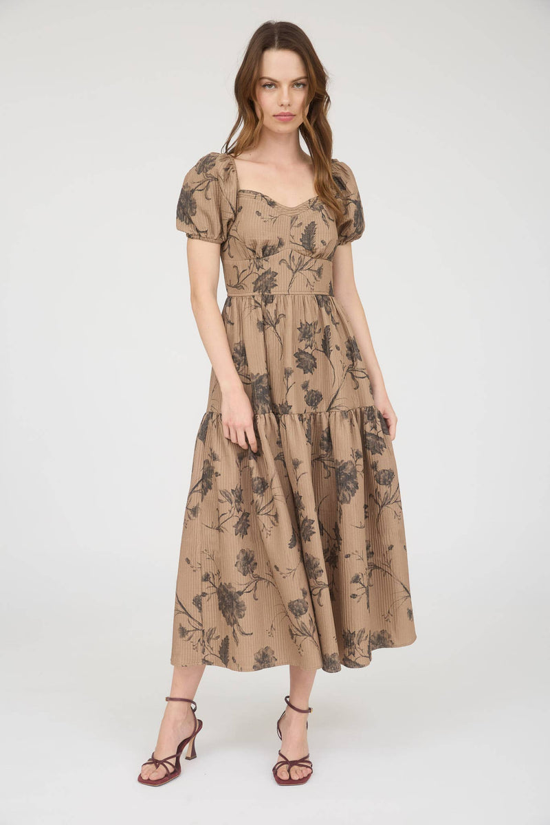 Textured Floral Sweetheart Neck Midi | Khaki