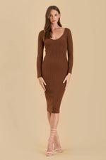 Scoop Neck Long Sleeve Sweater Midi Dress | Brown