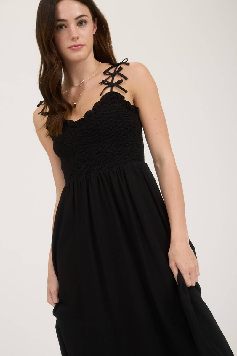 Sweetheart Smocked Bow Strap Midi Dress | Black