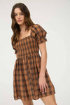 Plaid Smocked Puff Sleeve Mini Dress | Brown