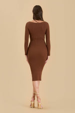 Scoop Neck Long Sleeve Sweater Midi Dress | Brown