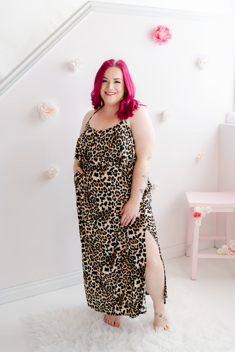 Curvy Cheetah Print Ruffled Maxi Dress