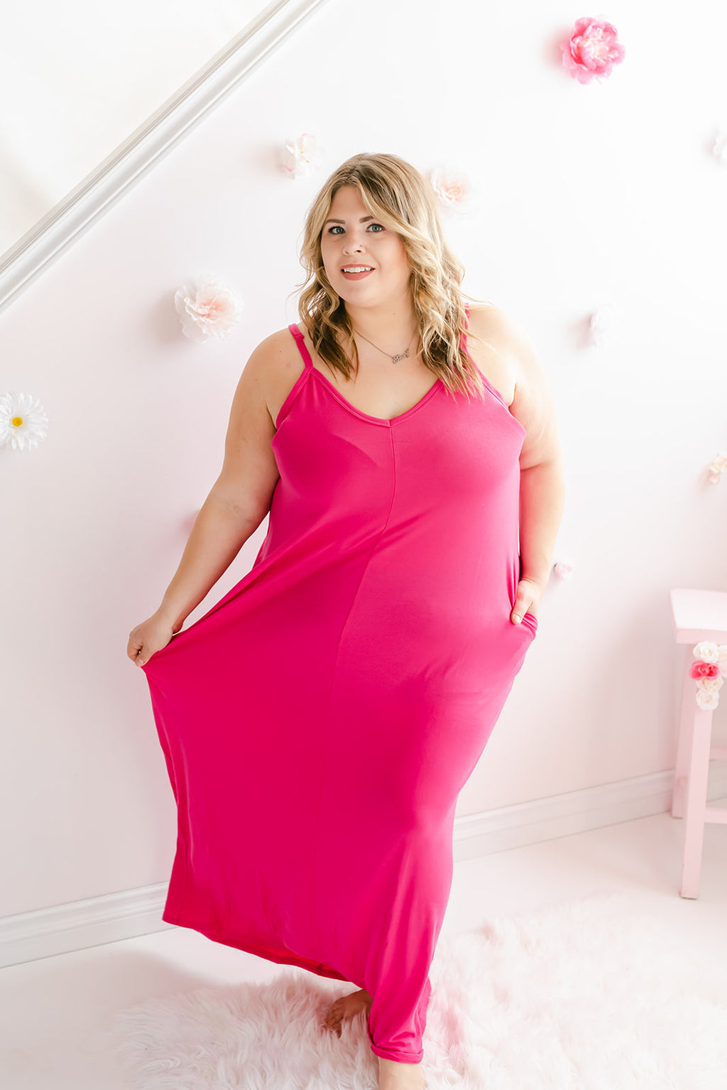 Curvy Cami V-neck Maxi Dress | Hot Pink - MNR Beauty Boutique