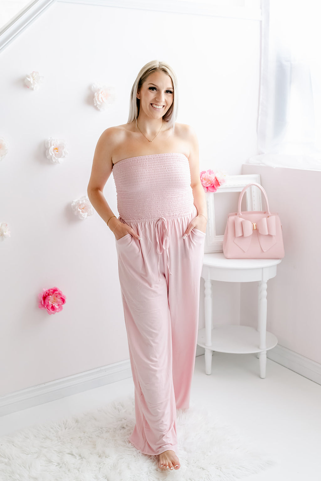 Smocked Strapless Jumpsuit | Dusty Pink - MNR Beauty Boutique