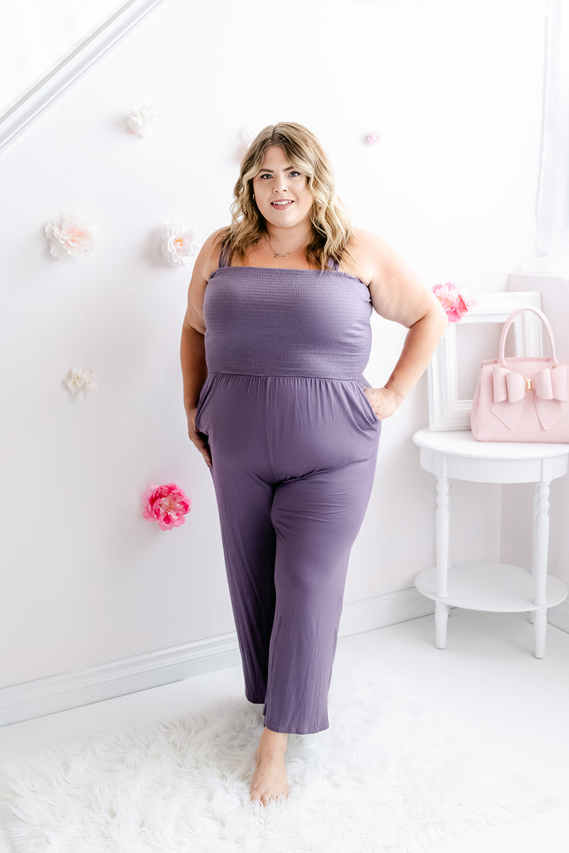 Curvy Solid Smocked Jumpsuit | Lavender