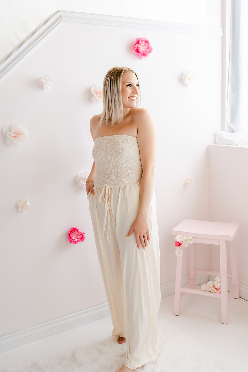Smocked Strapless Jumpsuit | Cream - MNR Beauty Boutique