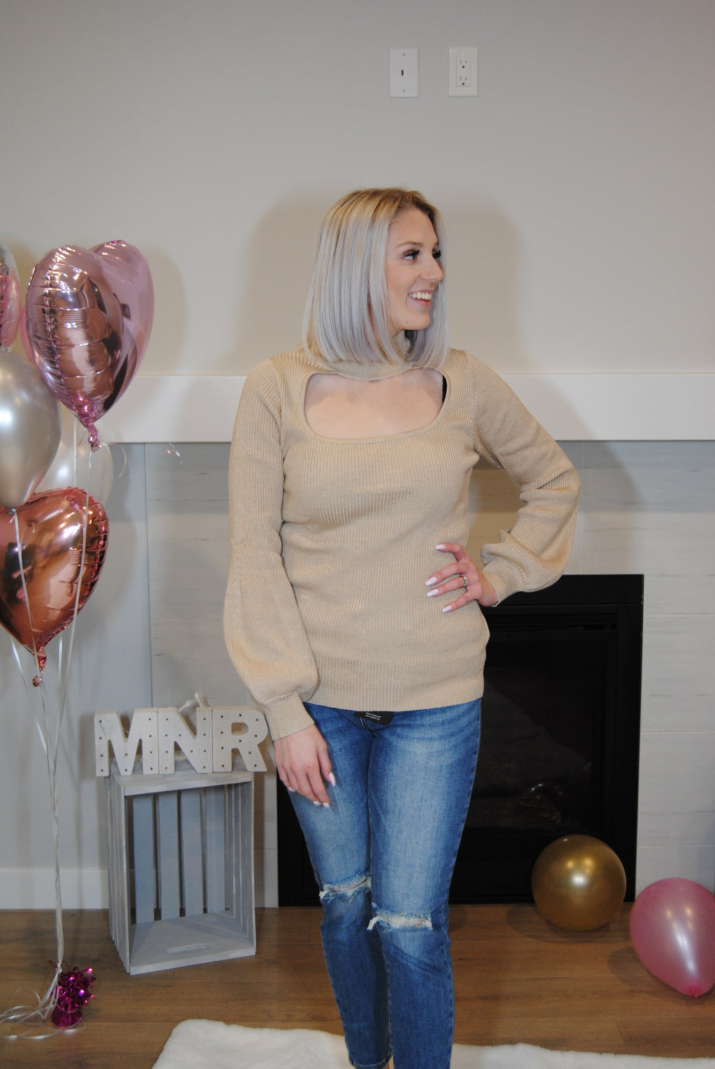 Square Neck Knit Sweater With Neck Band | Taupe - MNR Beauty Boutique