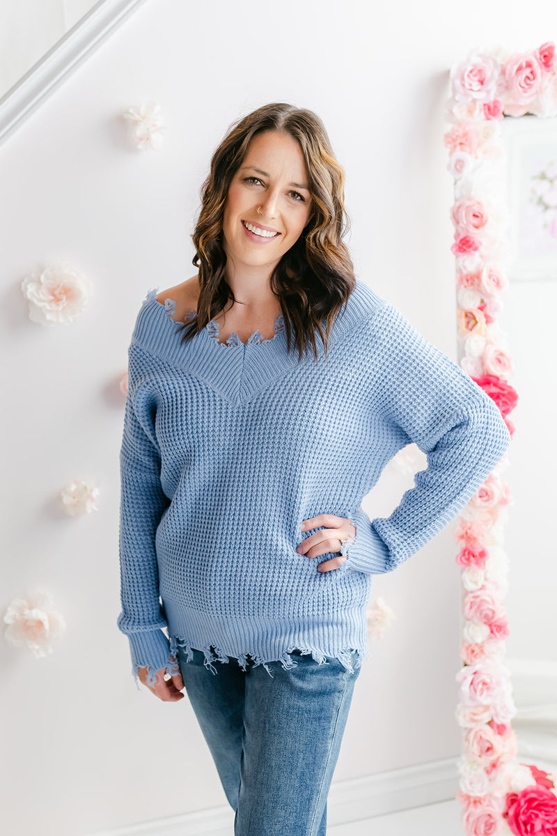 Distressed Knit Sweater | Spring Blue