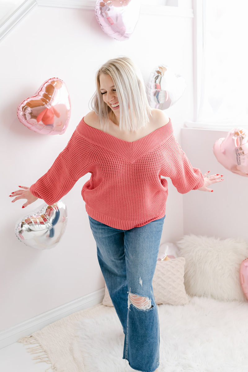Deep V-Knit Sweater | Dessert Rose