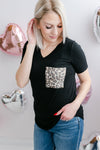 Curvy Rayon Classic V-Neck Tee | Black With Leopard Pocket