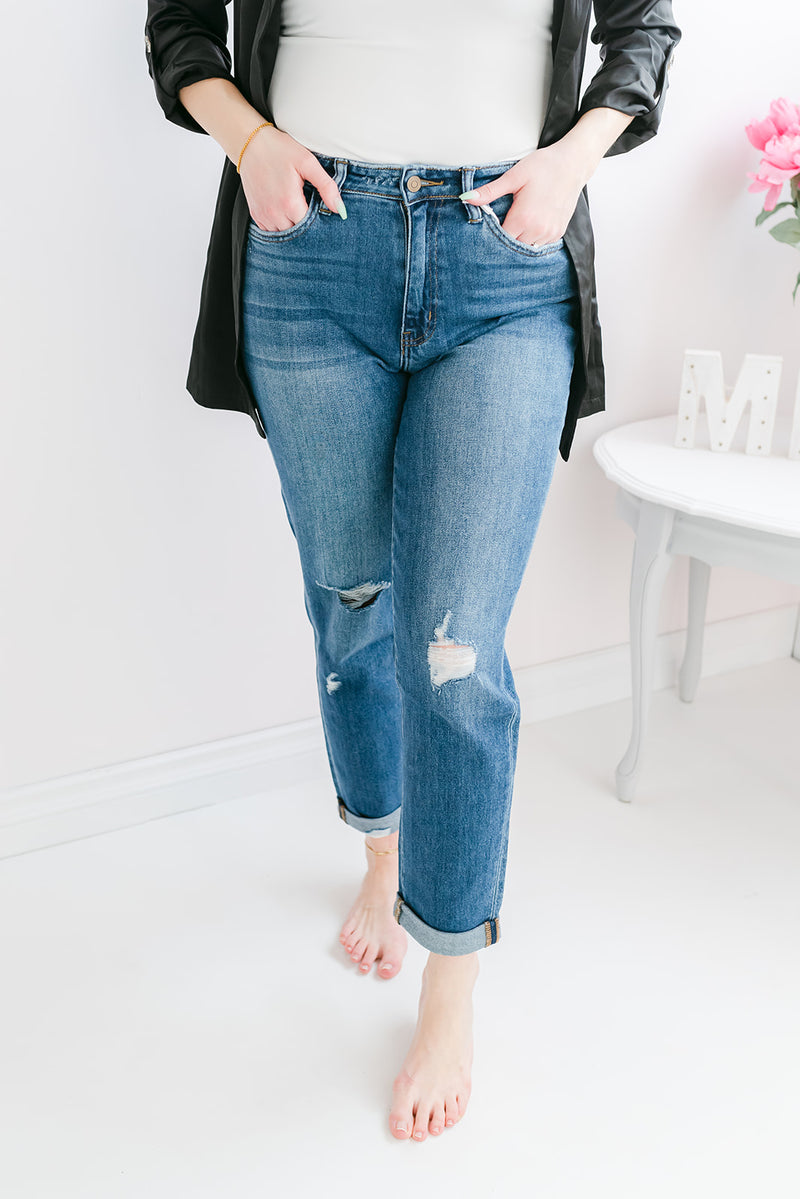 The Nicole High Rise Distressed Cuffed Mom Jean - MNR Beauty Boutique