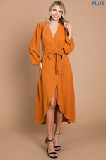 The Curvy Faux Wrap Long Sleeve Dress | Tumeric - MNR Beauty Boutique